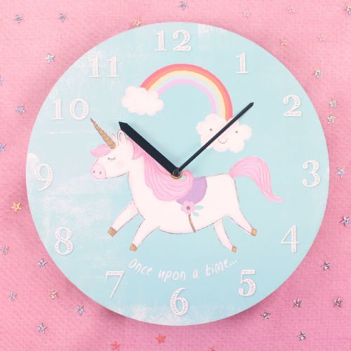 Cute unicorn design wall clock. Baby blue colour with white and pink unicorn with rainbow and cloud design. Perfect kids bedroom or nursery.