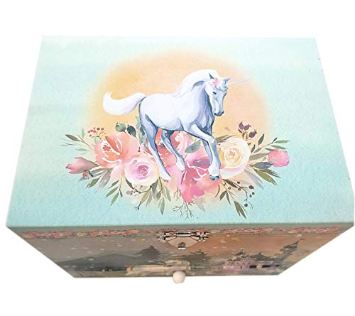 Majestic Unicorn Music Jewellery Storage Box, Unicorn Castle, Flowers, and Forest, Swan Lake Melody