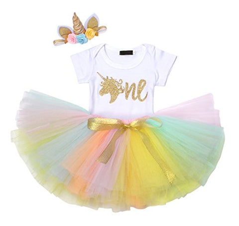 Pretty Pastel Unicorn My 1st Birthday Ouftit | Romper Tulle Tutu Skirt  