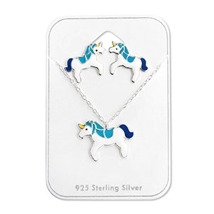 Sterling Silver Unicorn Necklace Set with Epoxy