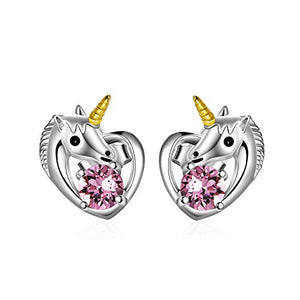 Unicorn Silver Love Heart Earrings With Pink  Swarovski Crystals | Unicorn Gift 