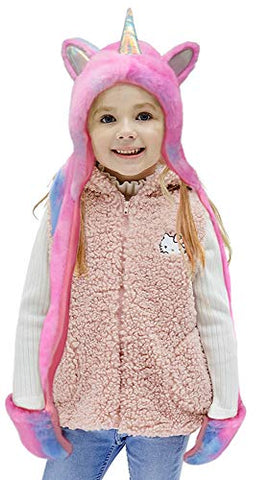 Girls Unicorn Hooded Hat Scarf, Plush Winter Hat for Kids - Purple