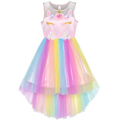 Pretty Flower Girls Unicorn Rainbow Princess Party Dress - Fancy