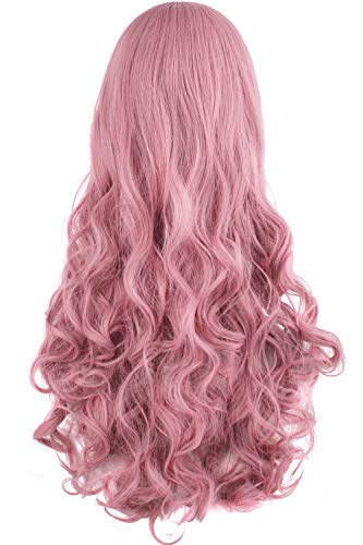 MapofBeauty Lolita Long Curly Clip on Ponytails Cosplay Wig (Rouge Pink)