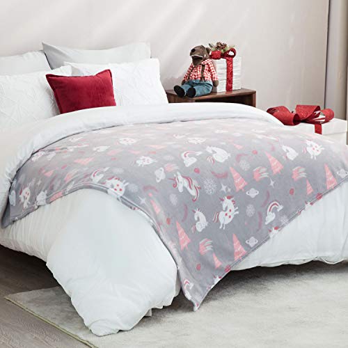 Grey & Pink Unicorn Bed Throw, Blanket 