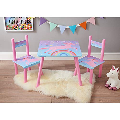 Unicorn Children's Wooden Table Chairs Pink Multicoloured