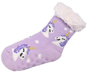 Cosy Indoor Slipper Socks Purple with Unicorn for Girls Children (8-12) 