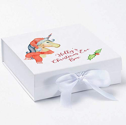 Personalised Unicorn Christmas Eve Box | 30x30x9cm | White Box | Front Bow