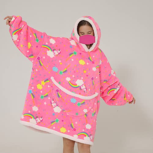 Oversized Hoodie Blanket Fluffy Fleece Unicorns, Rainbows Stars  Pink, Multi-Coloured