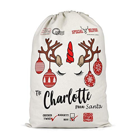 Personalised Unicorn Reindeer Santa Sack | Christmas Sack | Christmas Eve Bags | Boys Girls