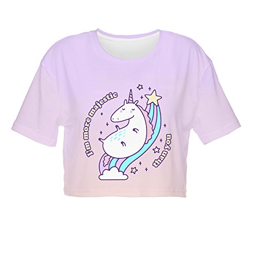 Fringoo ® Women's Girls Teenagers Crop Top Summer Short Sleeve T-shirt Cropped Party Shirt Festival Holiday Top 8 / 10 / 12 / 14 (8 / 10 / 12, Majestic Unicorn - Tee)