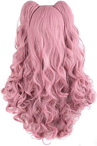 MapofBeauty Lolita Long Curly Clip on Ponytails Cosplay Wig (Rouge Pink)