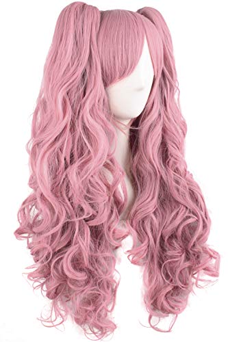 MapofBeauty Lolita Long Curly Clip on Ponytails Cosplay Wig (Rouge Pink)