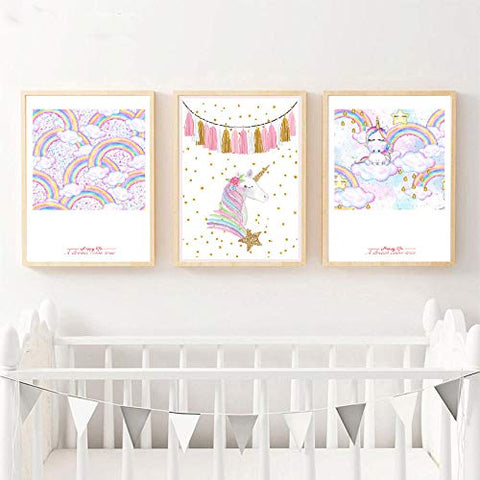 Beautiful Unicorn Wall Art Canvas Posters | 50x70cm | Set Of 3 | Kids Room, Nursery