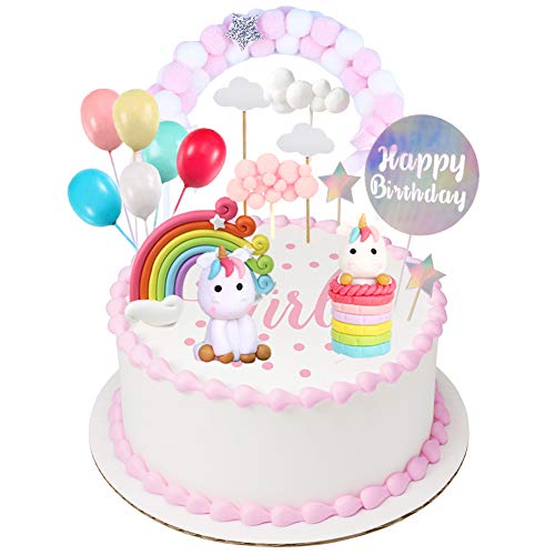 Unicorn Cake Topper Decoration 27 Pcs Including 7 Clouds, 1 Rainbow, 1 Star Hairball Arch, 6 Balloons, 5 Stars, 4 Support Stick, 2 Unicorns, 1 Happy Birthday, for Kids Birthday Baby Shower Party