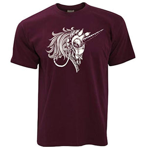 Gothic Art T Shirt Armoured Unicorn Graphic - Maroon- Men's 
