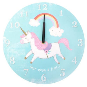 Cute unicorn wall clock. Pastel baby blue colour with rainbow and cloud design. Perfect for nursery or children's bedroom. 
