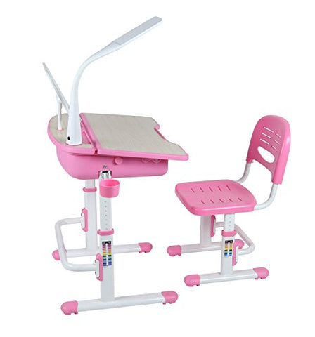 Deluxe Children School Desk With Chair, Lamp | Pink Study Table | Leomark