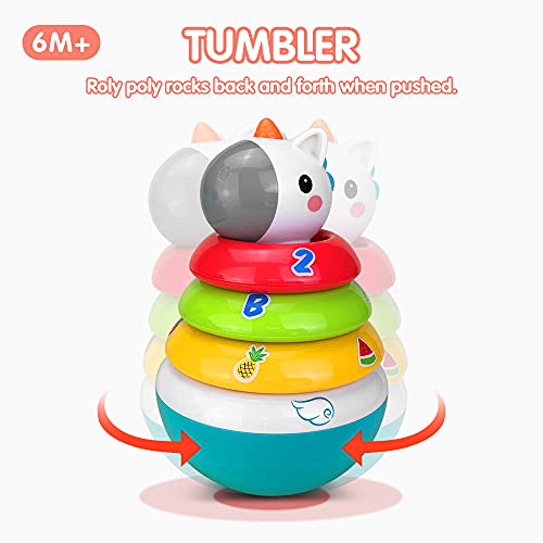 Eatsun Baby Stacking Toys, Unicorn Roly Poly Tumbler with Rattle & Shape Sorter, Rainbow Ring Stacker Toy for Boys & Girls