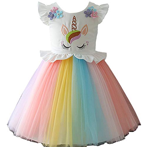 Girls Unicorn Costume Dress Princess Flowers Rainbow Dresses up Child Cosplay Wedding Party Tutu Sleeveless Fancy Up (4 - 5 years)