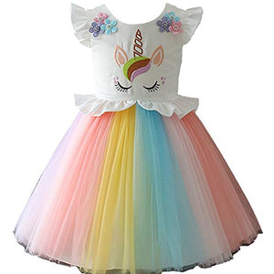 Girls Unicorn Costume Dress Princess Flowers Rainbow Dresses up Child Cosplay Wedding Party Tutu Sleeveless Fancy Up (4 - 5 years)