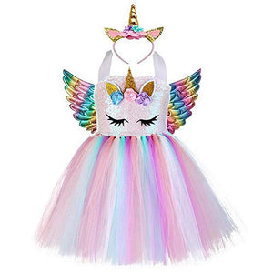 Girls Princess Unicorn Dress Up | Kids Ballet Tutu Tulle Dress With Headband Horn & Angel Win