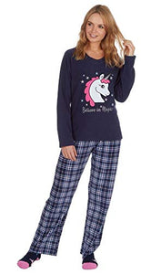  Ladies Super Soft Fleece Cute Unicorn Pyjama Pj Set | Navy | Various Sizes 