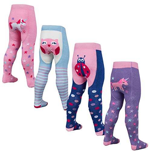 Baby Girls 4 Pack of Tights, Unicorn, Owl, Ladybird