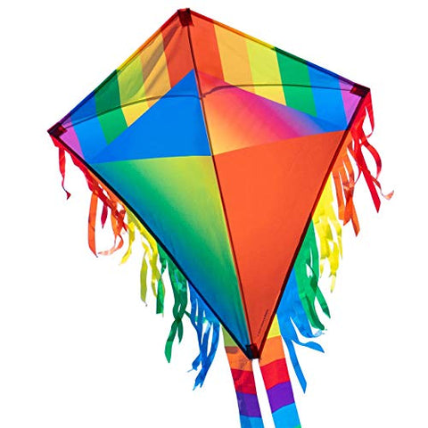 Rainbow Kite For Kids & Adults- 65x72cm - (incl. 80m kite line and 2x250cm striped tails)