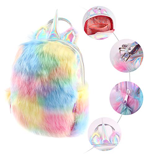 Cute Plush Unicorn Backpack,Fluffy Mini Unicorn Backpack Bags for Girls Plush Soft Rainbow Schoolbag Multicolour pastels