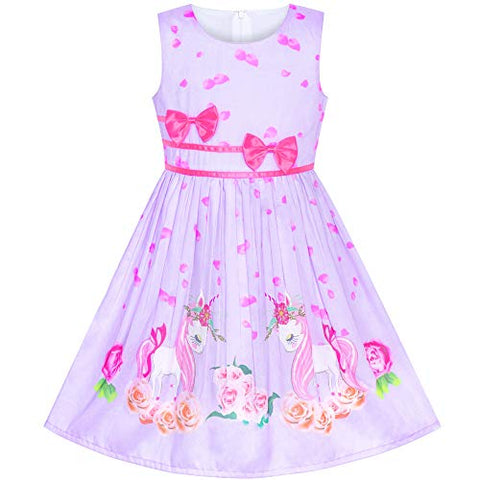 Floral Unicorn Girls Dress | Lilac | Pink Bows 