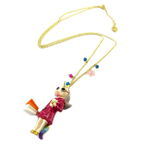 Necklace / sautoir artisanal 'Monde Merveilleux'(unicorn)pink multicolor gilded.