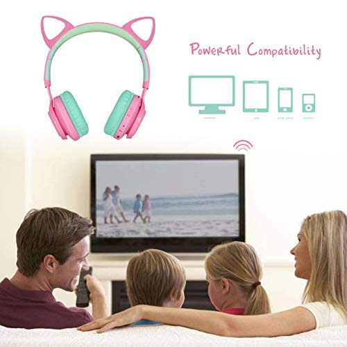 Bluetooth Headphones, Riwbox CT-7 Cat Ear LED Light Up Wireless Foldable Headphones Over Ear with Microphone and Volume Control for iPhone/iPad/Smartphones/Laptop/PC/TV (Pink&Green)