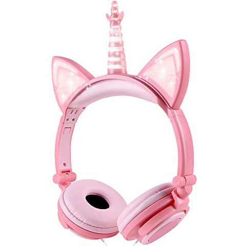 Unicorn Kids Headphones | Over Ear with LED Glowing Cat Ears | Pink 