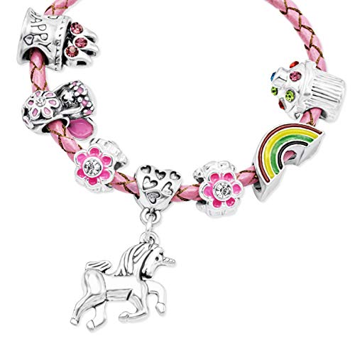 Unicorn & Rainbow Charm Bracelet Pink Leather