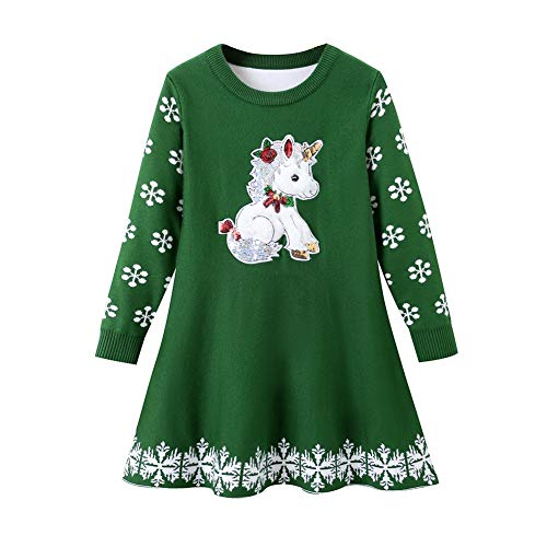 Girls Unicorn Christmas Dress | Knitted Xmas Snowflake Jumper Sweater Dress | Green