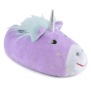 Girls Novelty Unicorn Plush Lined 3D Slippers with Fabric Non-Slip Sole (M 11/12, Lilac)