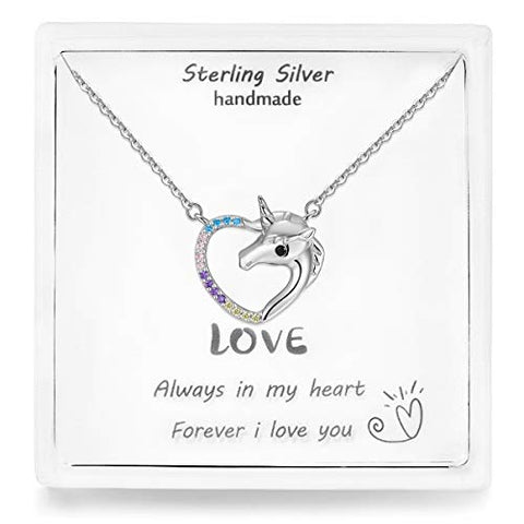 Rainbow Unicorn Necklace | Sterling Silver | Heart Shaped Pendant | Women's Gift 