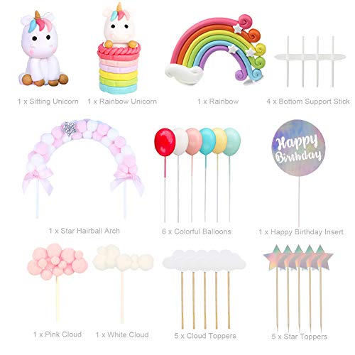 Unicorn Cake Topper Decoration 27 Pcs Including 7 Clouds, 1 Rainbow, 1 Star Hairball Arch, 6 Balloons, 5 Stars, 4 Support Stick, 2 Unicorns, 1 Happy Birthday, for Kids Birthday Baby Shower Party