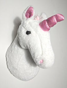 Soft plush unicorn wall mounted head. Wall decor, children's bedroom, nursery. White with pink ears and pink horn.