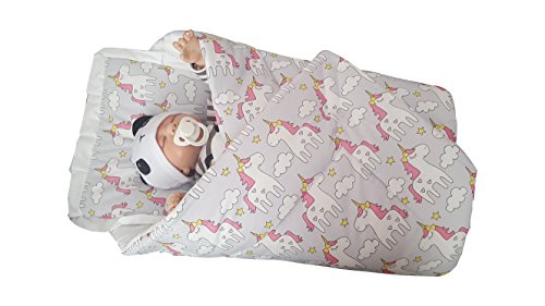 BlueberryShop Classic with Pillow Swaddle Wrap Blanket Sleeping Bag for Newborn, baby shower GIFT 100% Cotton, 0-3m ( 0-3m ) ( 78 x 78 cm ) Grey Unicorn