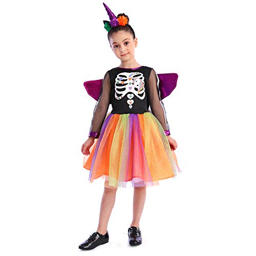 Girls Unicorn Skeleton Witch Fancy Dress Costume - Main Image