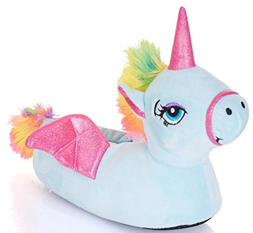 Cute Ladies, Womens, Girls Novelty Unicorn Slippers with Horn, Mane, Tail and Wings, Blue, Size 7/8