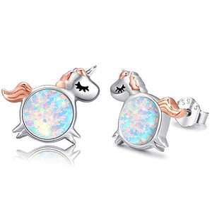 Unicorn Earrings | 925 Sterling Silver | Opal Colourful Stud Earrings with Gift Box (Silver)