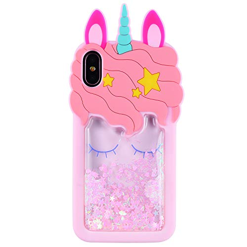 Leosimp Quicksand Unicorn Case for iPhone X,XS 5.8" Pink Case,Cute 3D Cartoon Animal Glitter Bling Cover,Kids Girls Fun Soft Silicone Rubber Kawaii Character Shockproof Cases for iPhoneX Xs