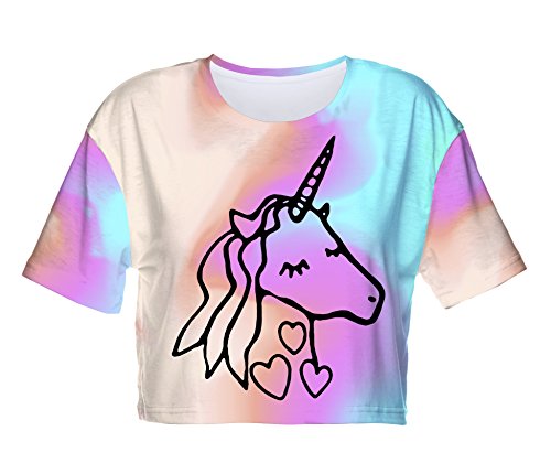 Fringoo ® Women's Girls Teenagers Crop Top Summer Short Sleeve T-shirt Cropped Party Shirt Festival Holiday Top 8 / 10 / 12 / 14 (8 / 10 / 12, Dreaming Unicorn - Tee)