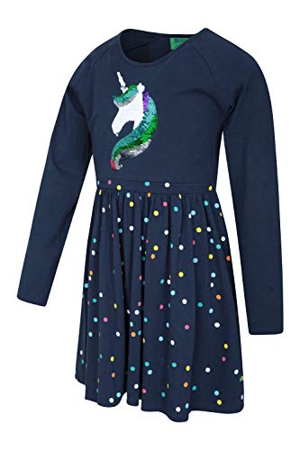 Long Sleeved Unicorn Sequinned Dress | Navy & Multicoloured Spots | Girls 