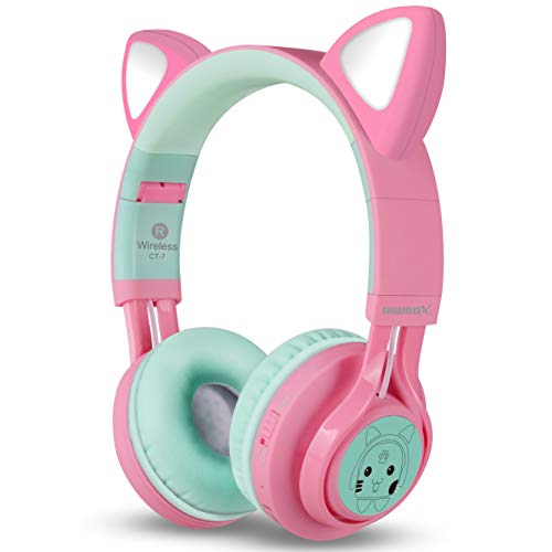Bluetooth Headphones, Riwbox CT-7 Cat Ear LED Light Up Wireless Foldable Headphones Over Ear with Microphone and Volume Control for iPhone/iPad/Smartphones/Laptop/PC/TV (Pink&Green)