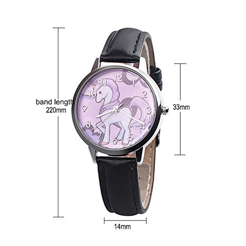 Cute Simple Purple Unicorn Arabic Numerals Leather Strap Quartz Women Girl Children Wristwatch, Black