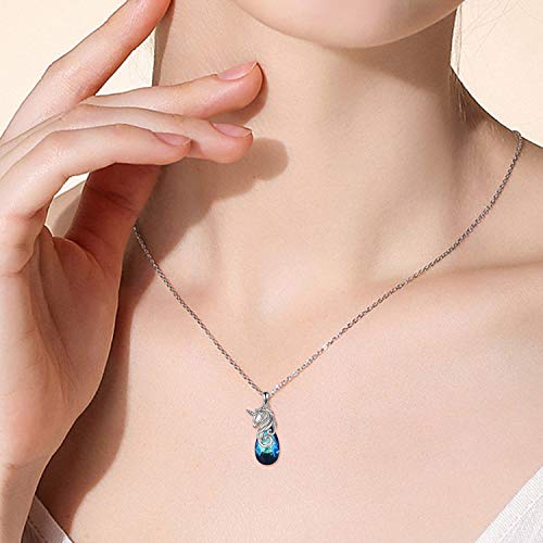 Ladies, Women, Unicorn Necklace Silver & Blue Crystal